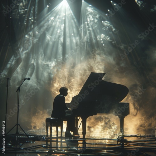 Symphony of Passion: A Pianist Commanding the Stage with a Grand Piano, Enveloped in the Mystical Aura of Smoke and Lightning Effects