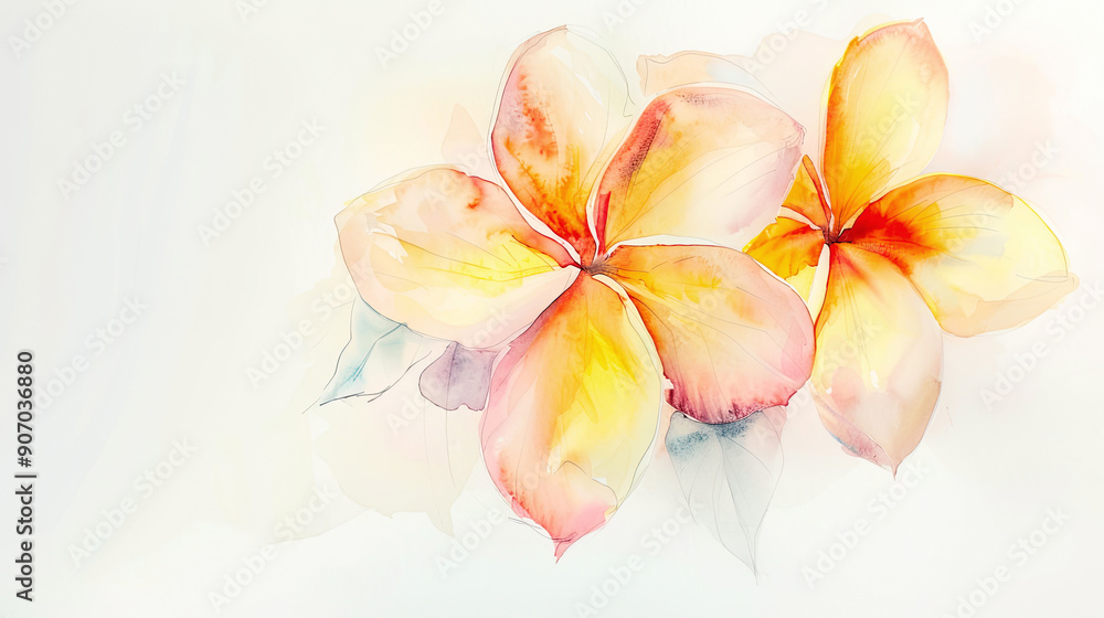 Watercolor tropical plumeria with soft blending, gentle and airy transitions, white background Watercolor tropical plumeria with soft blending, gentle and airy transitions, white background