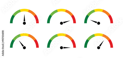 Speedometer icons with arrow. Dashboard with green, yellow and red indicators. tachometer. Low, medium, high and risk levels.