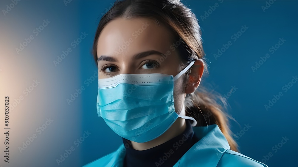 A young woman in medical face protection mask indoors on blue background A young woman in medical face protection mask indoors on blue background