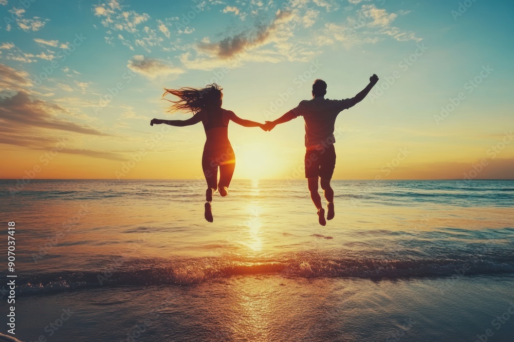 Fototapeta premium Couple Jumping at Sunset on the Beach