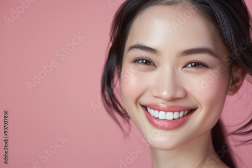 Radiant Asian Woman with Healthy Smile in Dental Advertisement Studio Shot with Perfect Skin and Hair