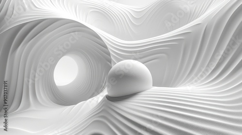 Fototapeta Naklejka Na Ścianę i Meble -  3d render of monochrome abstract art of 3d background with part of surreal 3d ball with spiral twisted wavy curved lines structure inside in white ai generated