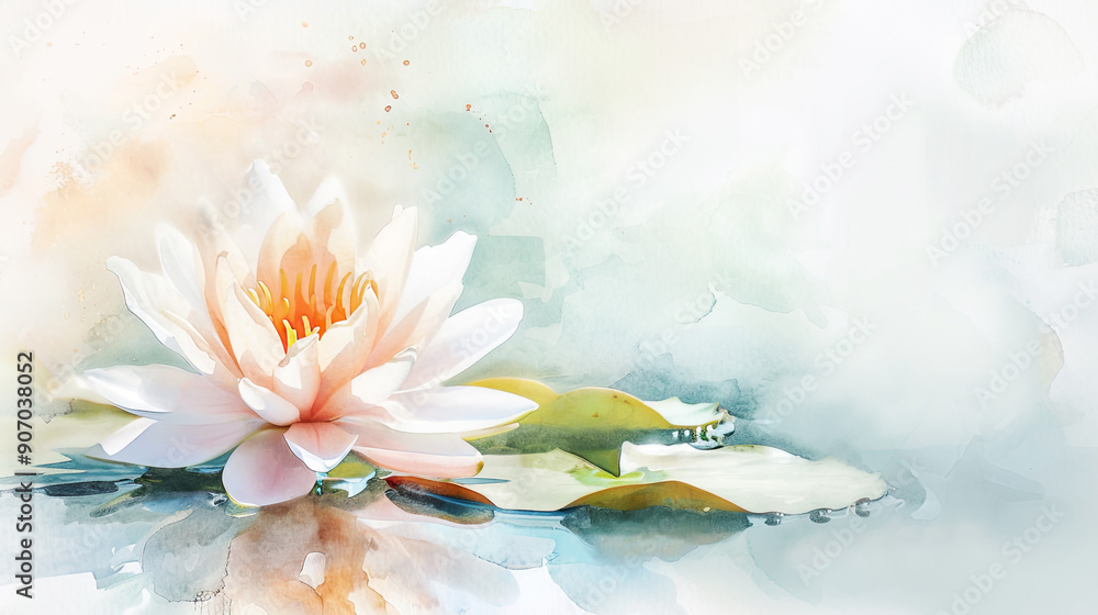 Watercolor tropical water lily using lifting, soft pastels creating delicate highlights, gentle composition, light background Watercolor tropical water lily using lifting, soft pastels creating delicate highlights, gentle composition, light background