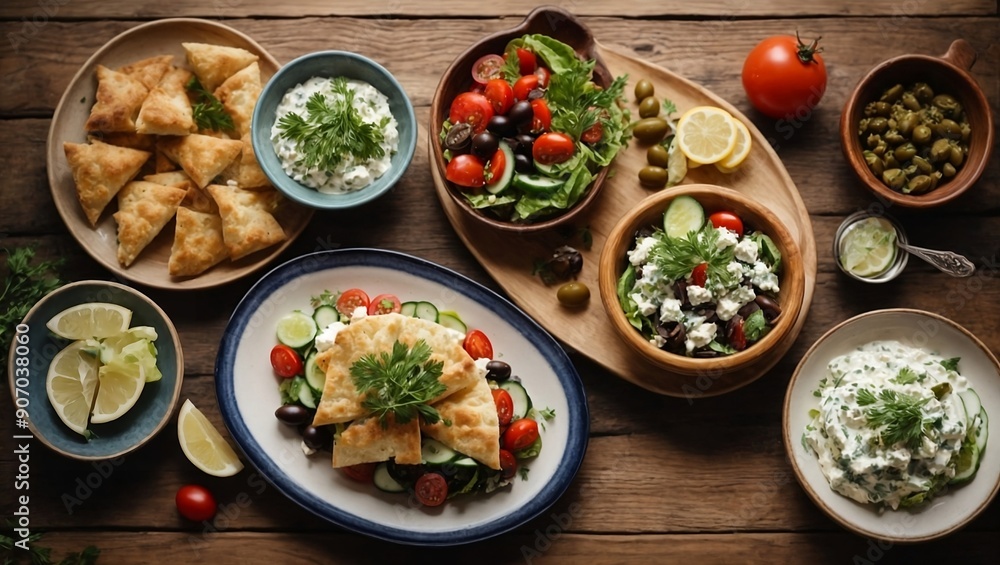 Taste of Greece: Salad, Meze, Pie, Fish, and More Traditional Foods on a Wooden Table Taste of Greece: Salad, Meze, Pie, Fish, and More Traditional Foods on a Wooden Table