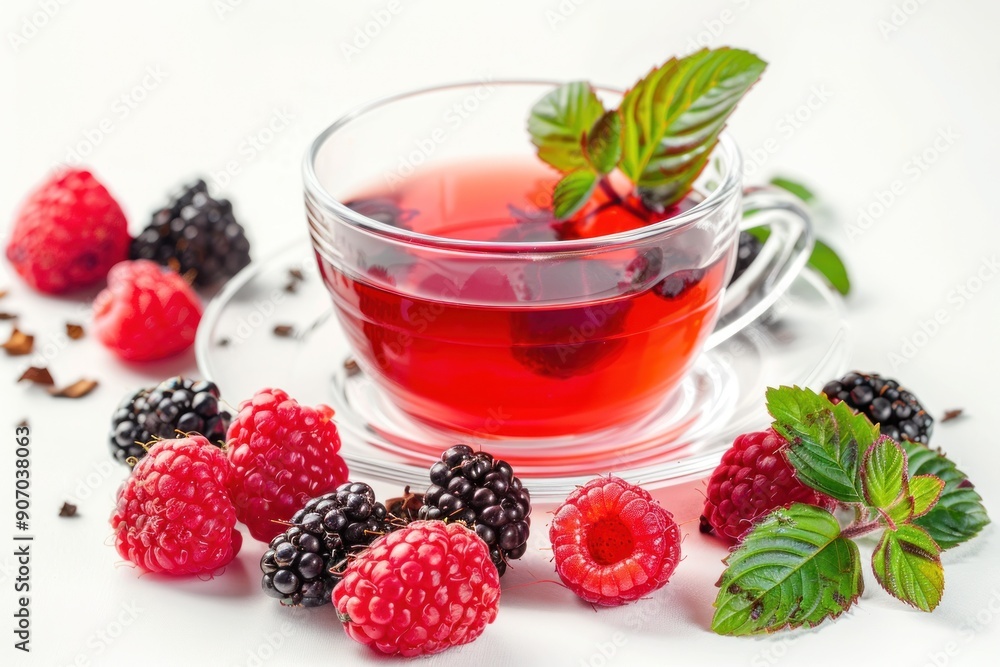 Raspberries and blackberries tea with fresh berries on white background Raspberries and blackberries tea with fresh berries on white background