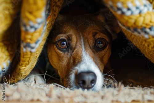 Scared dog hiding with a fearful expression photo