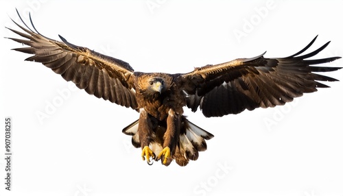 Isolated on white background, flying Golden eagle, Aquila chrysaetos, big bird of prey with outstretched wings. Front view. Eagle flying directly at camera. Action photo.