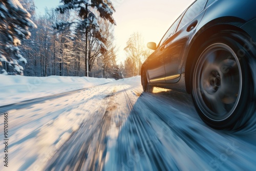 Speeding car with natural energy technology. Low angle side view of car driving fast on motion blur snow winter