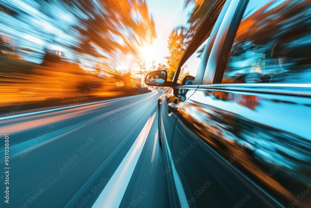 Speeding car with natural energy technology. Low angle side view of car driving fast on motion blur Speeding car with natural energy technology. Low angle side view of car driving fast on motion blur
