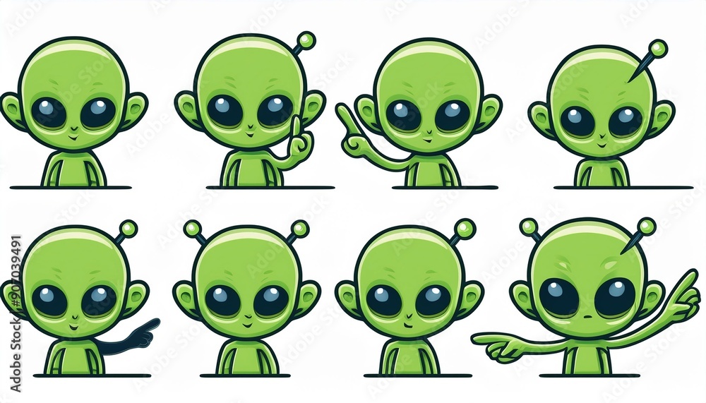 Fototapeta premium Funny Green Alien Character with Big Eyes and Small Antenna on Head Engaged in Different Action Vector Set