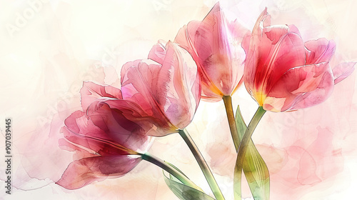 Watercolor tulips with feathering, smooth and flowing edges, elegant and delicate, clean background