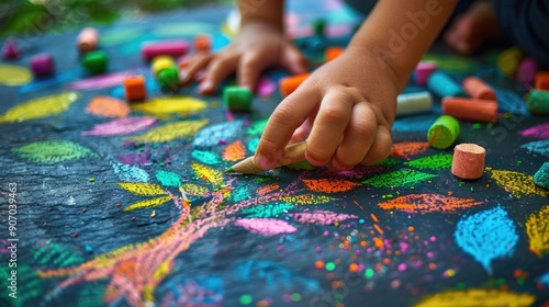 A close-up of a child's hand drawing a tree on a reusable slate board with a chalk stick, surrounded by colorful chalk pieces and green leaves scattered around.