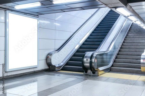 White blanket billboard mockup in a subway station with escalator photo