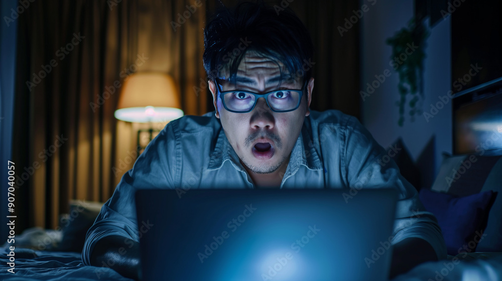 Asian man shocked while looking at his laptop at night. Asian man shocked while looking at his laptop at night.