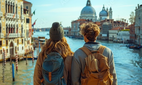 Tourists in Venice walk on a city street during their vacation, enjoying their travel experience.