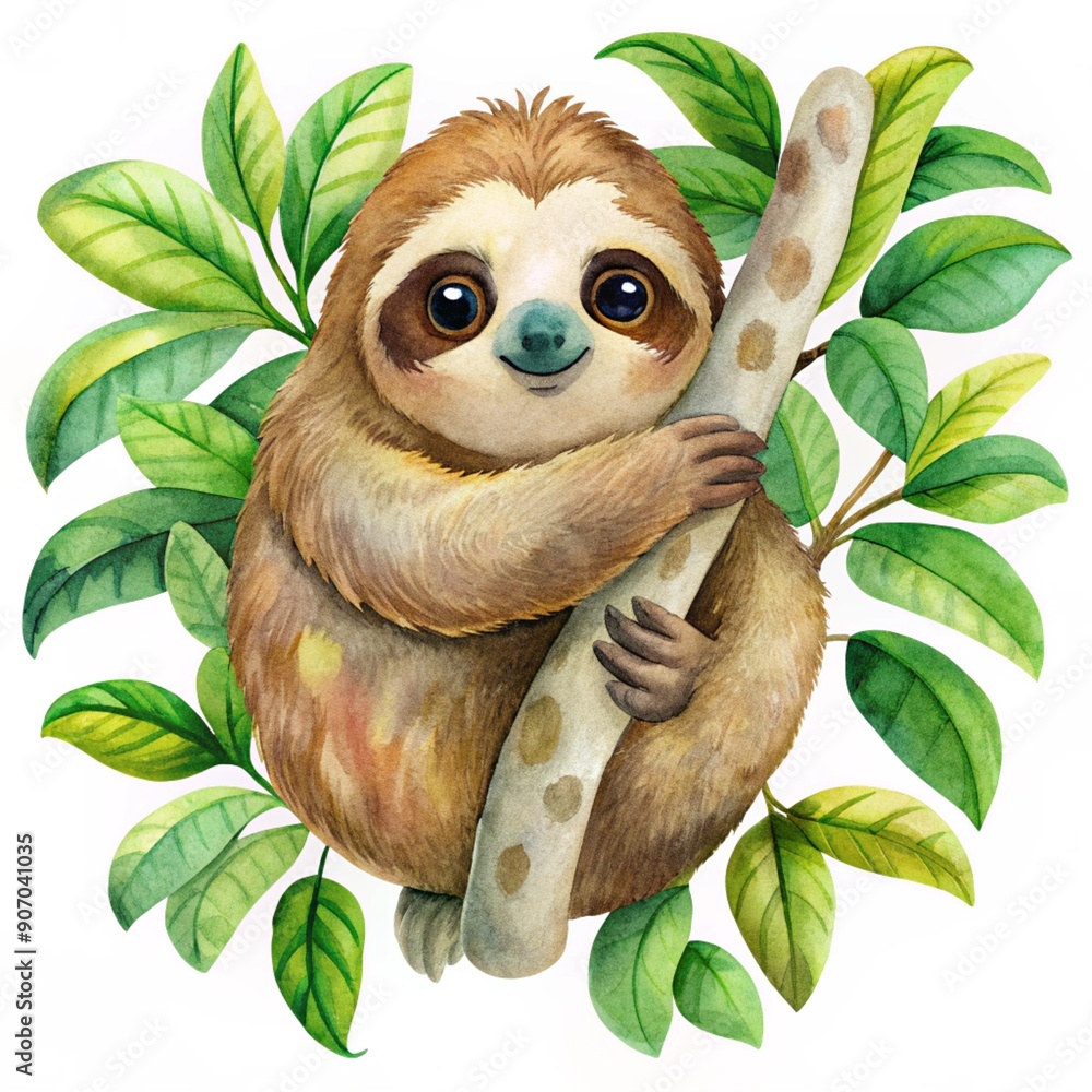 Obraz premium Sloth Watercolor, Sloth paint, Tropical animal, Cute sloth holding on to a branch and tree. Watercolor boho tropical drawing clipping path isolated on white background