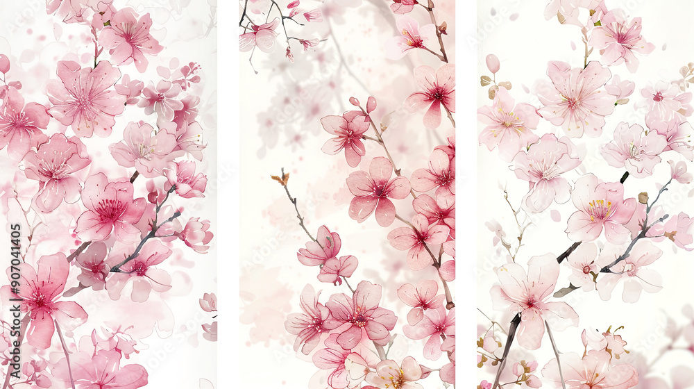 Fototapeta premium Watercolor vintage cherry blossom patterns with soft blending, gentle transitions, light and airy, white background