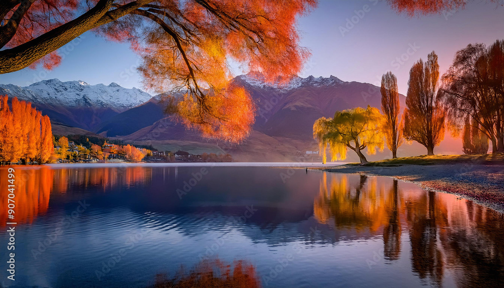 Stunning Sunset Over Serene Mountain Landscape: Vibrant Autumn Foliage Reflected in Tranquil Lake