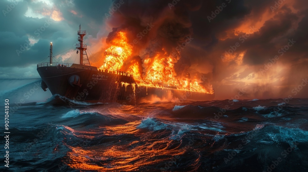 Cargo ship burning on fire with large scale smoke. Aerial Aerial, red Sea, Cargo tanker ship Cargo ship burning on fire with large scale smoke. Aerial Aerial, red Sea, Cargo tanker ship