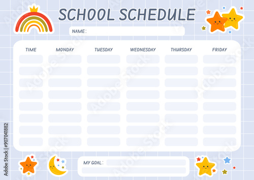 School schedule for kids, weekly planner, printable school timetable for homeschool, preschool, kindergarten. School children routine. Education lessons plan, class planning. Back to school.