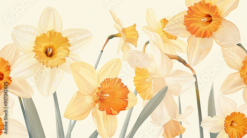 Watercolor vintage daffodil patterns with negative space, vibrant flowers with a soft background, light beige Background