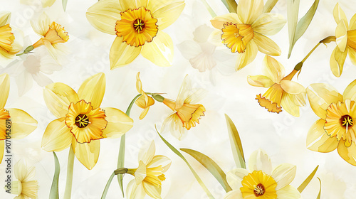 Watercolor vintage daffodil patterns with soft blending, airy and gentle, white background