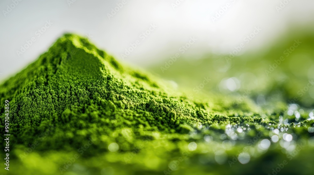 Close-up of a rich green matcha powder pile, white background, bright natural lighting, minimalistic and clean. Close-up of a rich green matcha powder pile, white background, bright natural lighting, minimalistic and clean.