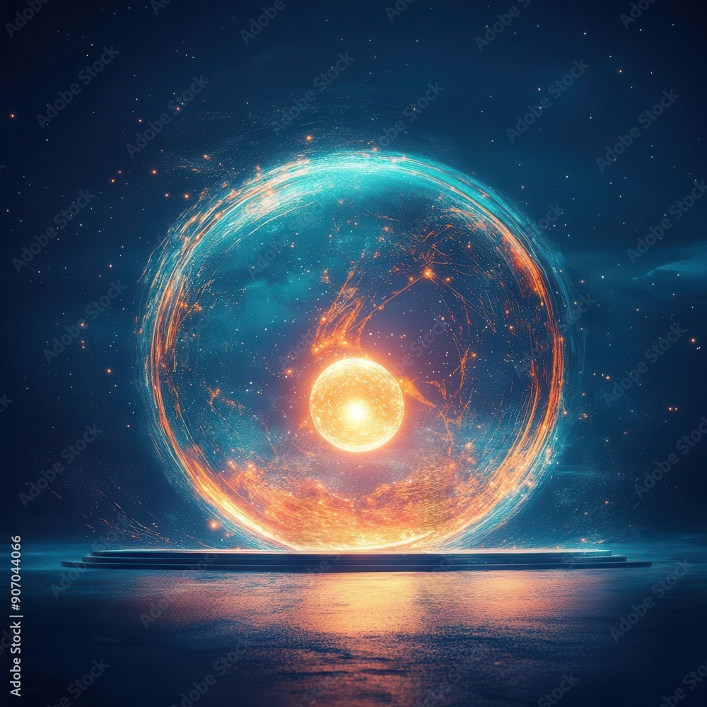 Obraz premium A luminous orb surrounded by a radiant cosmic sphere, evoking themes of energy, mysticism, and the universe.