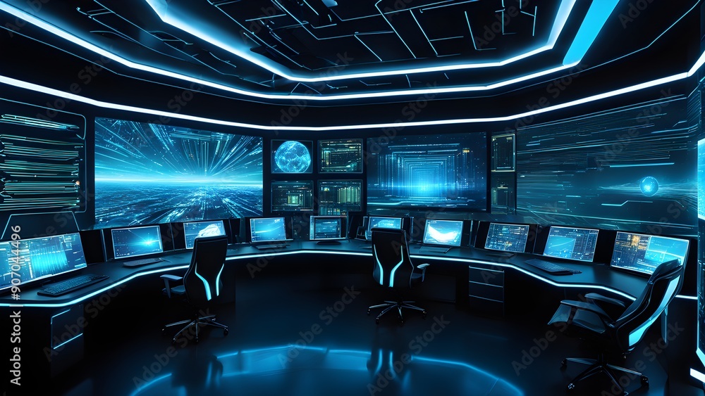 Fototapeta premium A room with many computer monitors and chairs