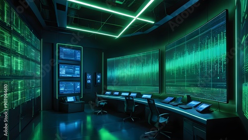 A room with many computer monitors and a green light