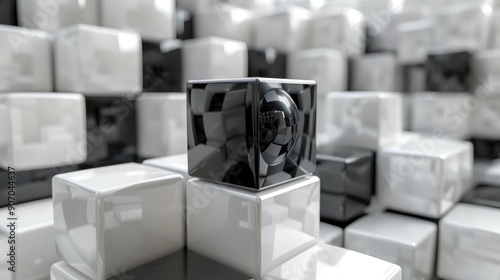 3d render with black and white monochrome abstract art of surreal cube with round conners and ball inside as core in white and black matte aluminium metal ai generated photo