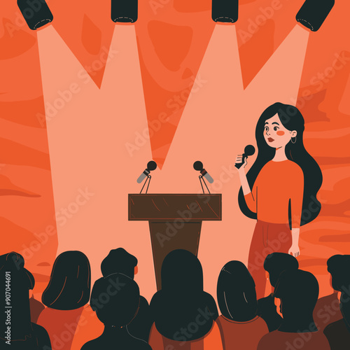 Woman speaking lectern audience listening, spotlight speaker, public speaking event. Female presenter holding microphone, engaging crowd, conference presentation. Speaker addresses audience