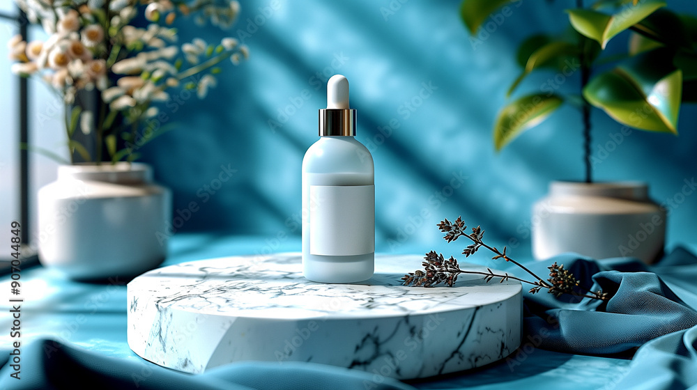 Modern and Elegant Skincare Bottle Display in a Fresh Spa Environment Modern and Elegant Skincare Bottle Display in a Fresh Spa Environment