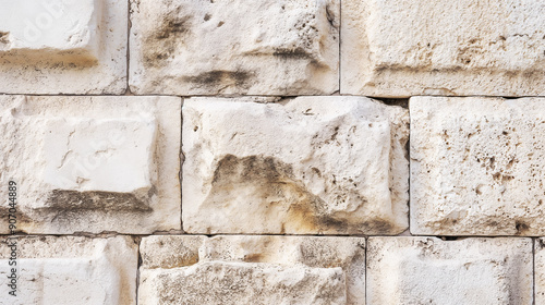 Close-up of the stones of the Wailing Wall, showing weathered and aged textures. The rough, ancient surface captures the historical and spiritual significance of the site photo