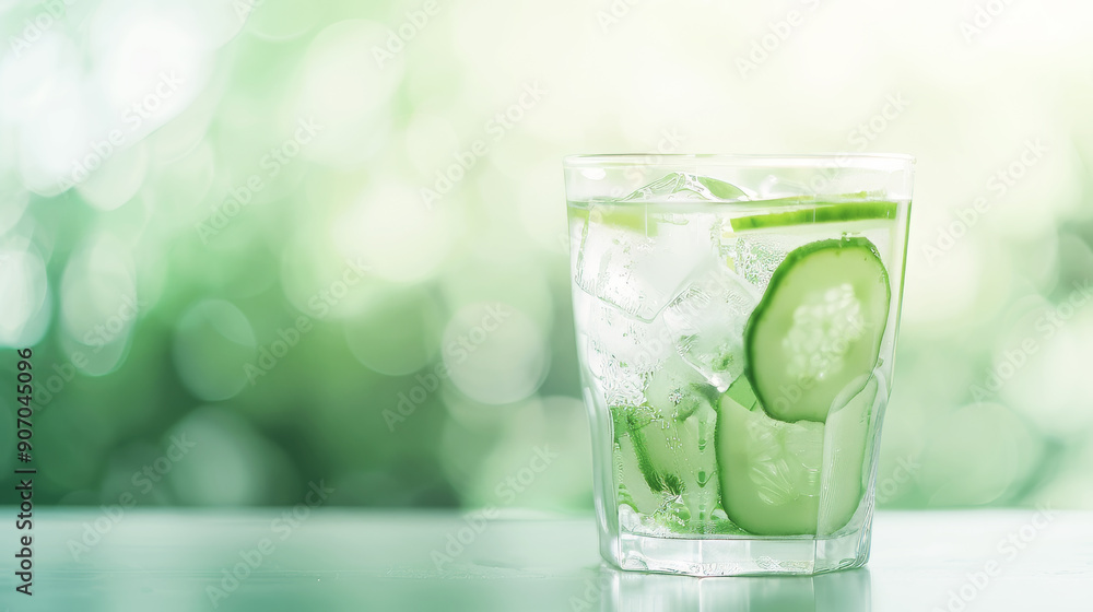 Glass of refreshing cucumber water with ice on a green blurred background. The clear beverage showcases cucumber slices, offering a cool and hydrating drink Glass of refreshing cucumber water with ice on a green blurred background. The clear beverage showcases cucumber slices, offering a cool and hydrating drink
