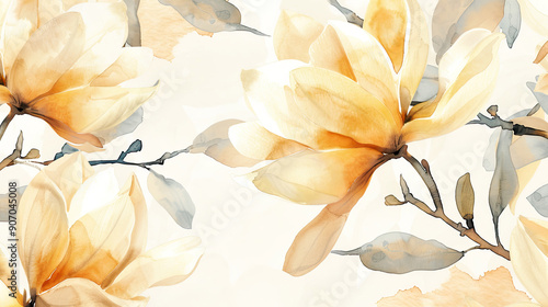 Watercolor vintage magnolia patterns with negative space, bold flowers with a soft background, light beige Background