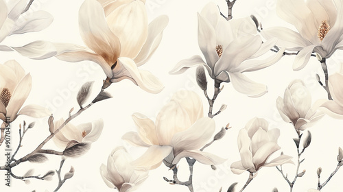 Watercolor vintage magnolia patterns with negative space, bold flowers with a soft background, light beige Background