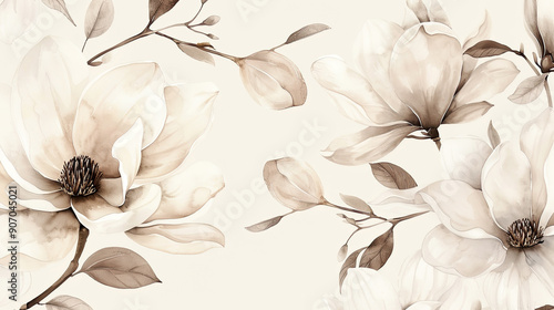 Watercolor vintage magnolia patterns with negative space, bold flowers with a soft background, light beige Background
