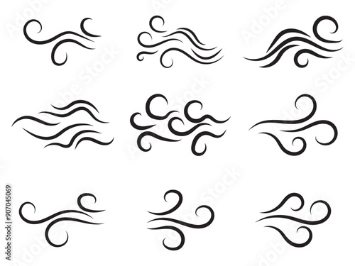 Doodle wind motion. Isolated vector set of abstract air swirls, blow waves, curve spirals in black colors, capturing the dynamic essence of movement and energy in a playful and artistic cartoon manner