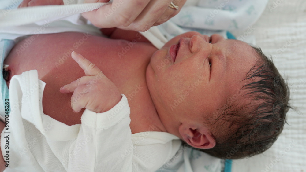 Newborn Baby - Mother Dressing Infant's Hands, Close-Up. A tender moment showing a mother dressing her newborn son's tiny hands, highlighting the nurturing bond between mother and child Newborn Baby - Mother Dressing Infant's Hands, Close-Up. A tender moment showing a mother dressing her newborn son's tiny hands, highlighting the nurturing bond between mother and child