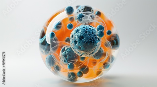 Fototapeta Naklejka Na Ścianę i Meble -  3d rendering of abstract 3d ball in glass material with organic deformed bacteria shape inside in orange black white and blue colors ai generated