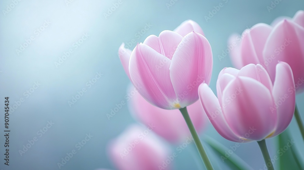 Close-up of pink tulips blooming with soft petals against a pastel blue background. The delicate flowers convey a sense of freshness and beauty