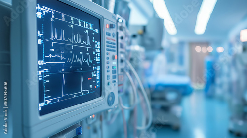 Close-up of a heart rate monitor displaying vital signs in a modern hospital setting. Medical equipment and hospital beds are visible in the blurred background photo