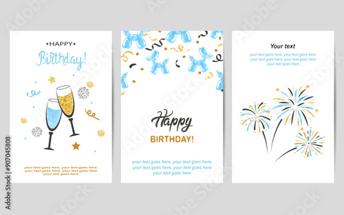 Happy Birthday cards set in blue and golden colors. Celebration vector posters with champagne glasses and fireworks