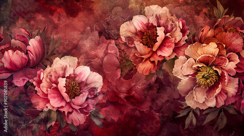Watercolor vintage peony patterns using layering (glazing), rich and deep colors, elegant texture, textured paper background