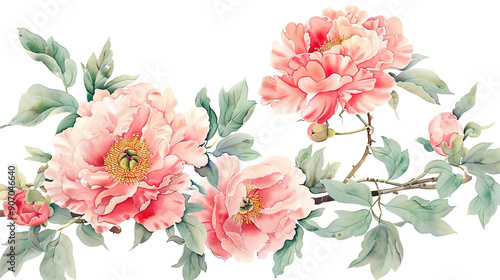 Watercolor vintage peony patterns with soft blending, airy and gentle, white background