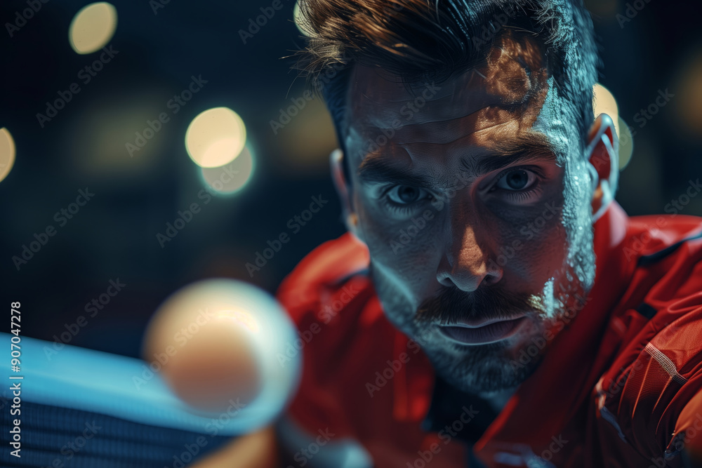 Dynamic close-up of an athlete engaged in an intense game of table tennis under dramatic lighting Dynamic close-up of an athlete engaged in an intense game of table tennis under dramatic lighting
