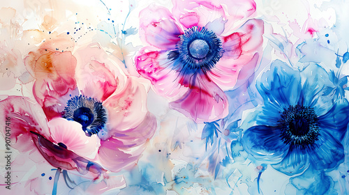Watercolor whimsical anemones in wet-on-wet style, vibrant colors blending softly, white background