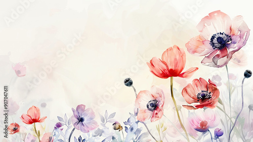 Watercolor whimsical anemones with feathering, delicate and smooth edges, airy feel, light background